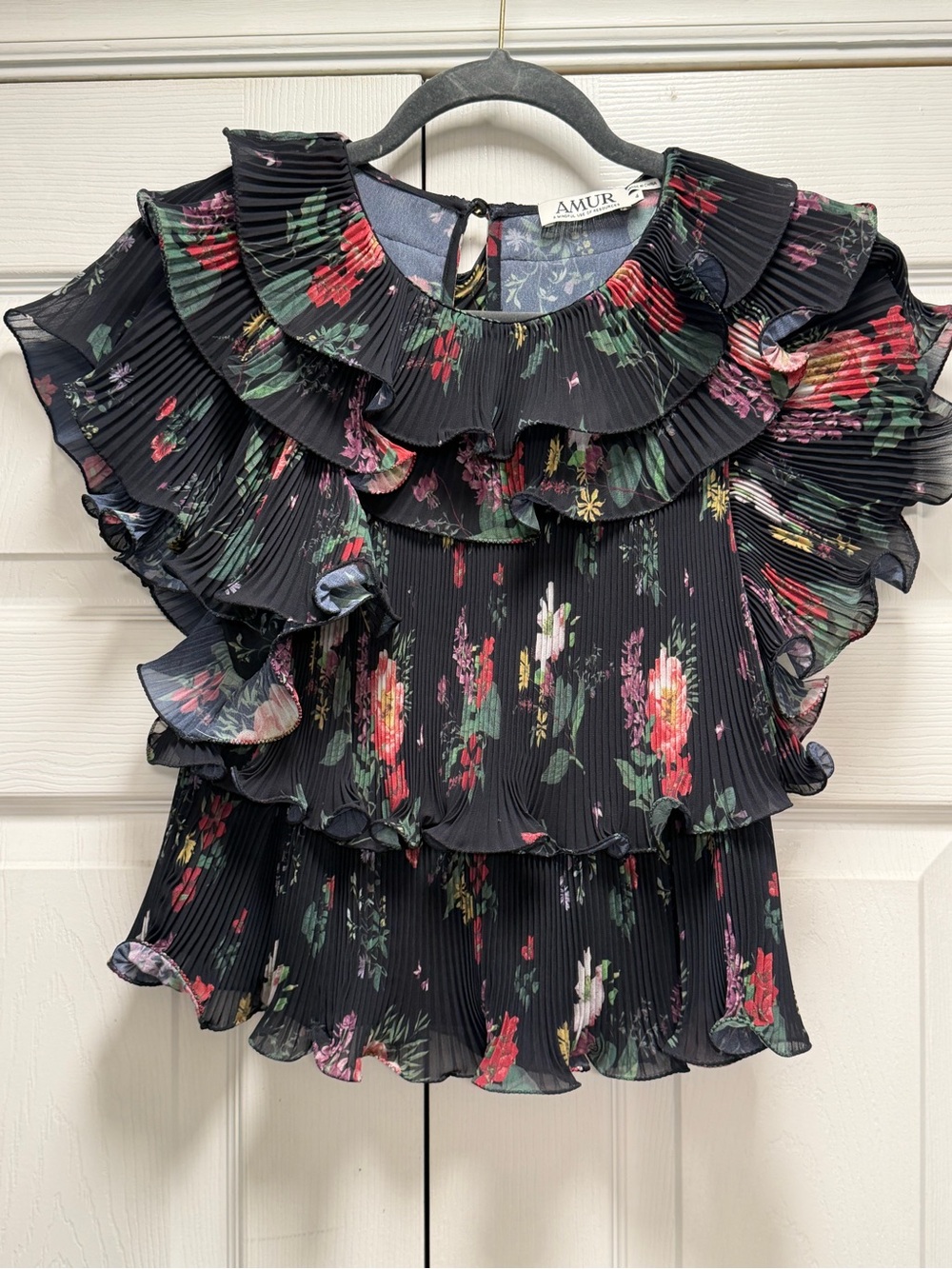 AMUR Black Pleated Top with Red and Green Floral Print - Picture 3 of 5